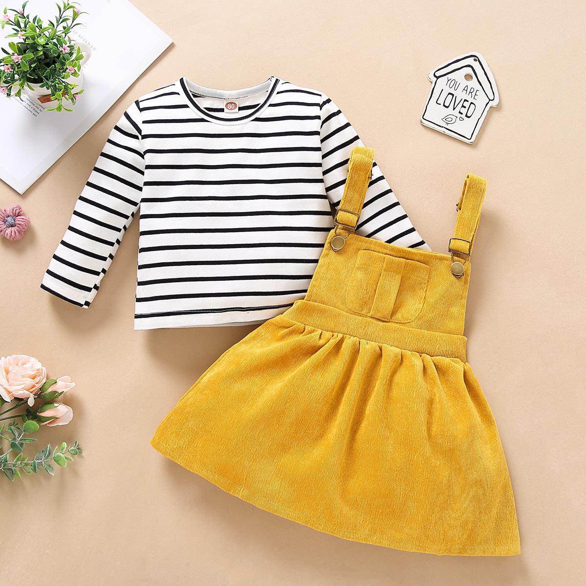 Autumn Winter Girls Stripe Long Sleeve Corduroy Strap Skirt Set - PrettyKid