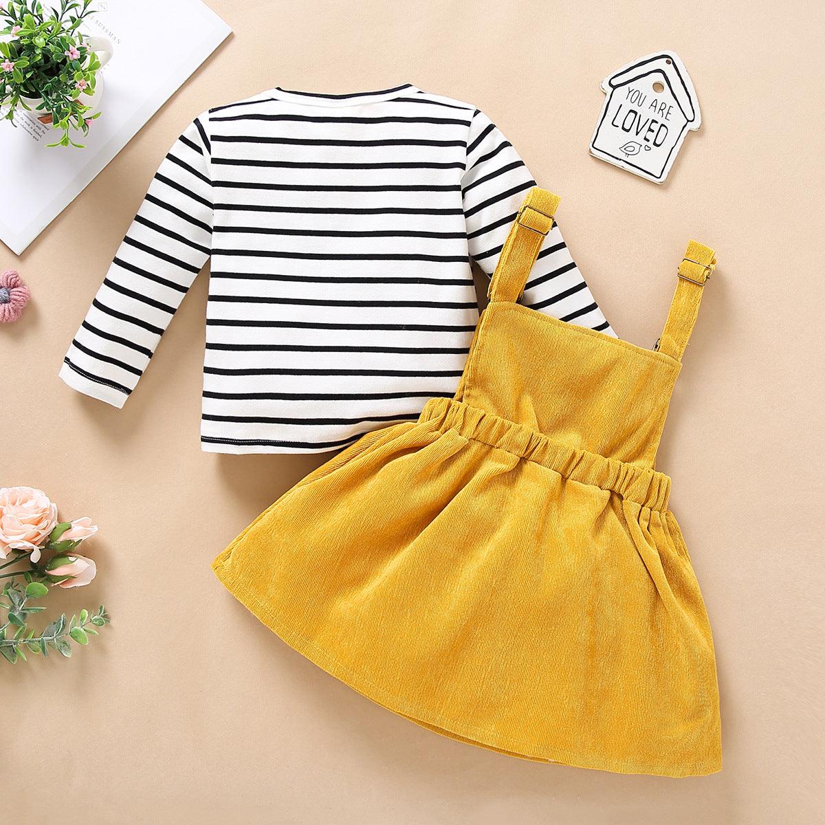 Autumn Winter Girls Stripe Long Sleeve Corduroy Strap Skirt Set - PrettyKid