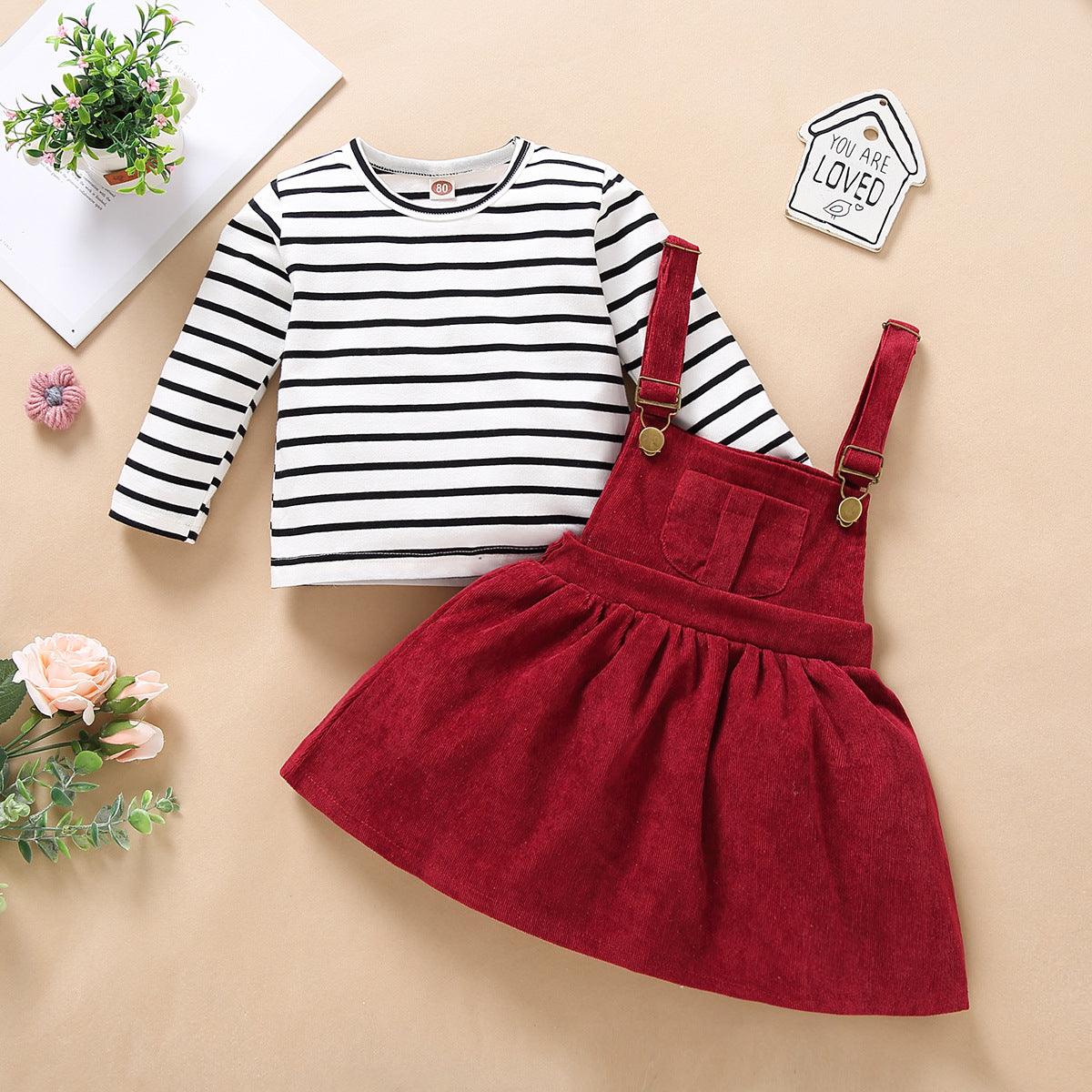 Autumn Winter Girls Stripe Long Sleeve Corduroy Strap Skirt Set - PrettyKid