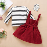 Autumn Winter Girls Stripe Long Sleeve Corduroy Strap Skirt Set - PrettyKid