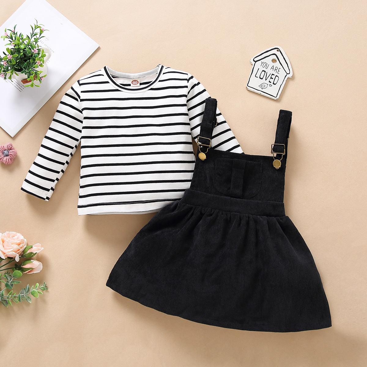 Autumn Winter Girls Stripe Long Sleeve Corduroy Strap Skirt Set - PrettyKid