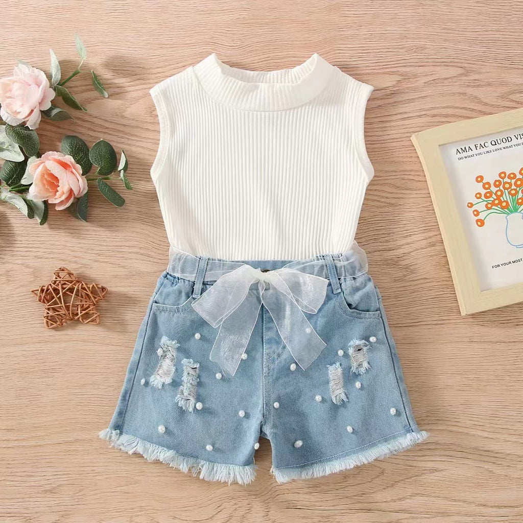 18months-6years Toddler Girl Sets Girls Summer Children's Suit Denim Shorts Two-Piece Set - PrettyKid