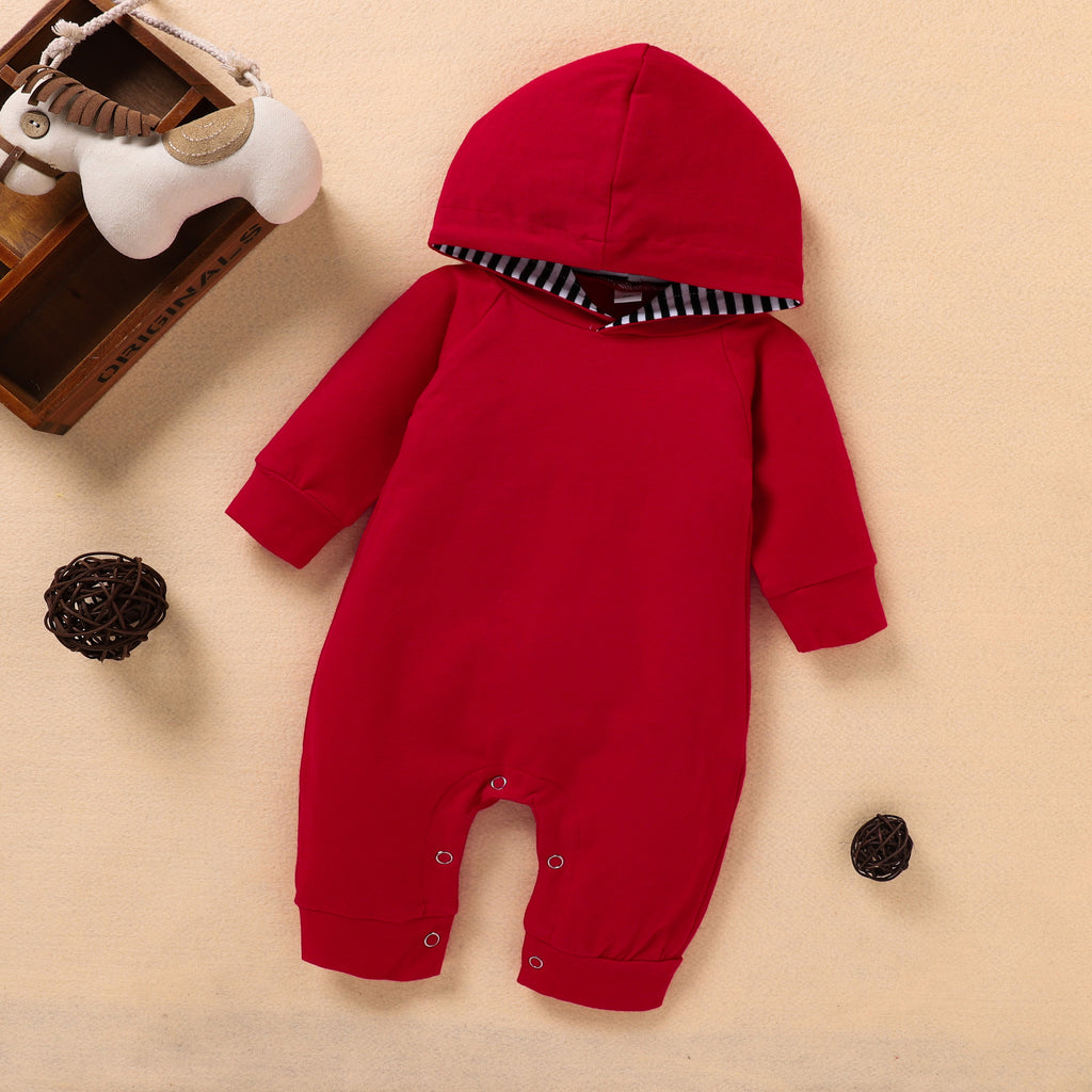 Toddler Spring and Autumn Red Hooded Jumpsuit Long Sleeve Crawling Suit - PrettyKid