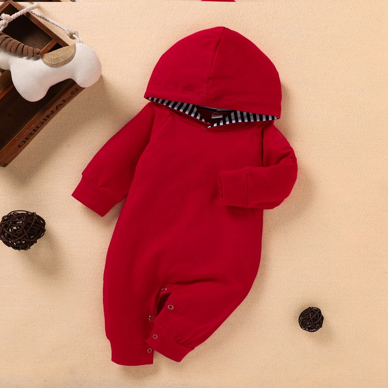 Toddler Spring and Autumn Red Hooded Jumpsuit Long Sleeve Crawling Suit - PrettyKid
