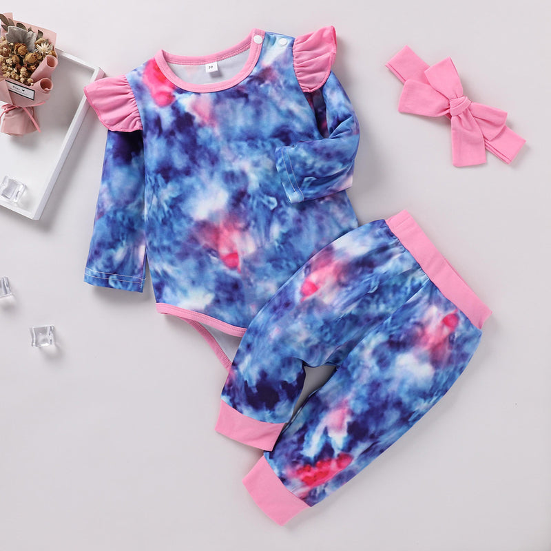 Toddler girls' blue tie dyed long-sleeved jumpsuit 3-piece set - PrettyKid