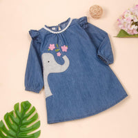 Toddler girls' long sleeve cartoon elephant print denim dress - PrettyKid