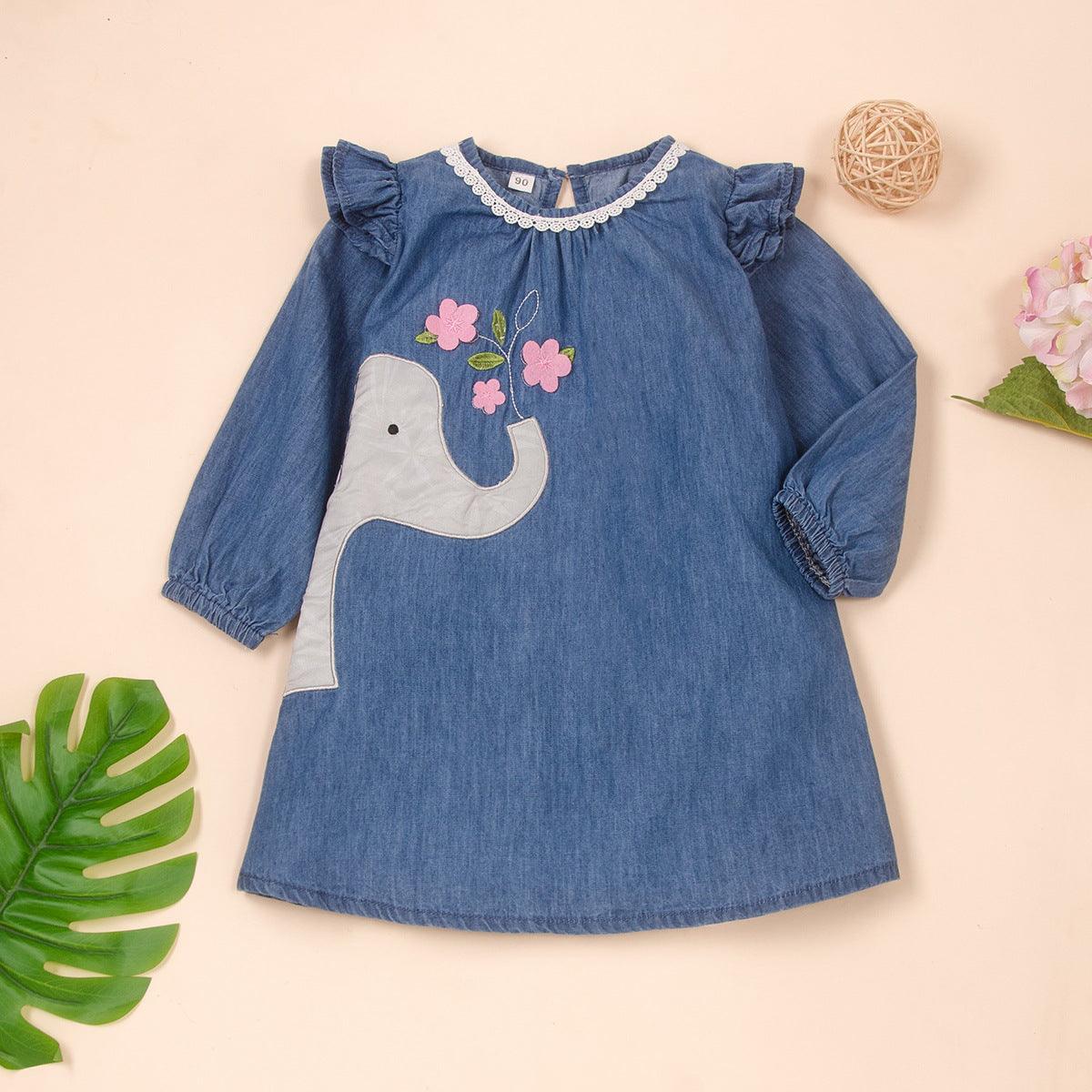 Toddler girls' long sleeve cartoon elephant print denim dress - PrettyKid