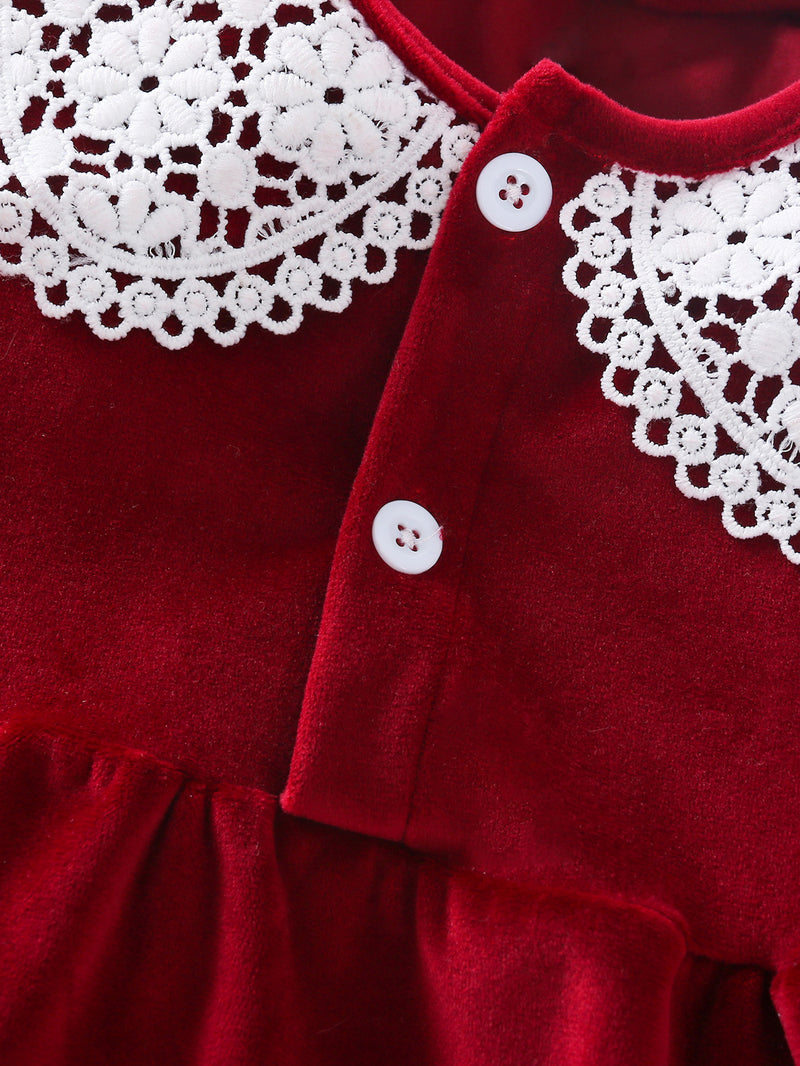 Toddler Girls Red Lace Neckline Sable Dress - PrettyKid