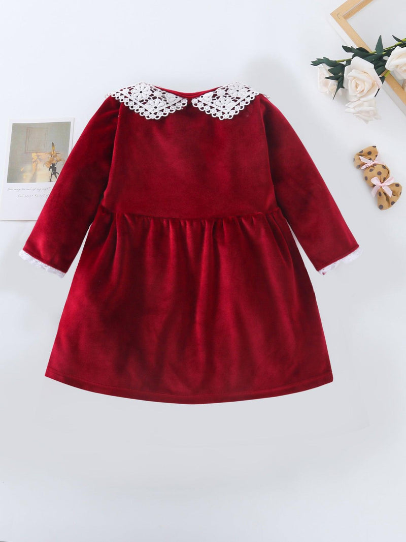 Toddler Girls Red Lace Neckline Sable Dress - PrettyKid