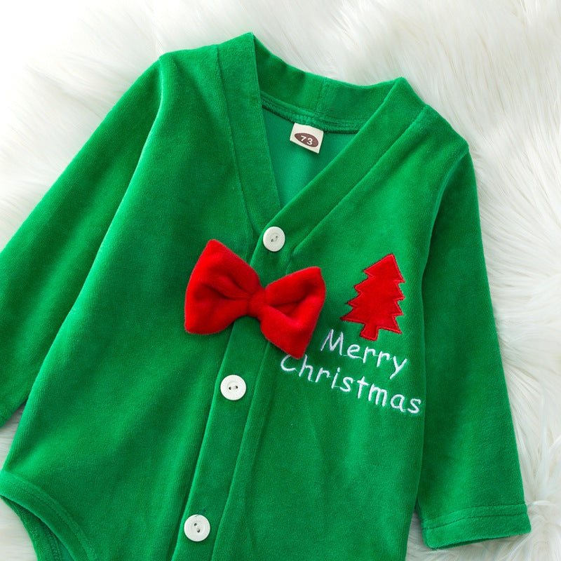 Baby Boys Solid Color Bow Tie Jumpsuit Christmas Print Set - PrettyKid