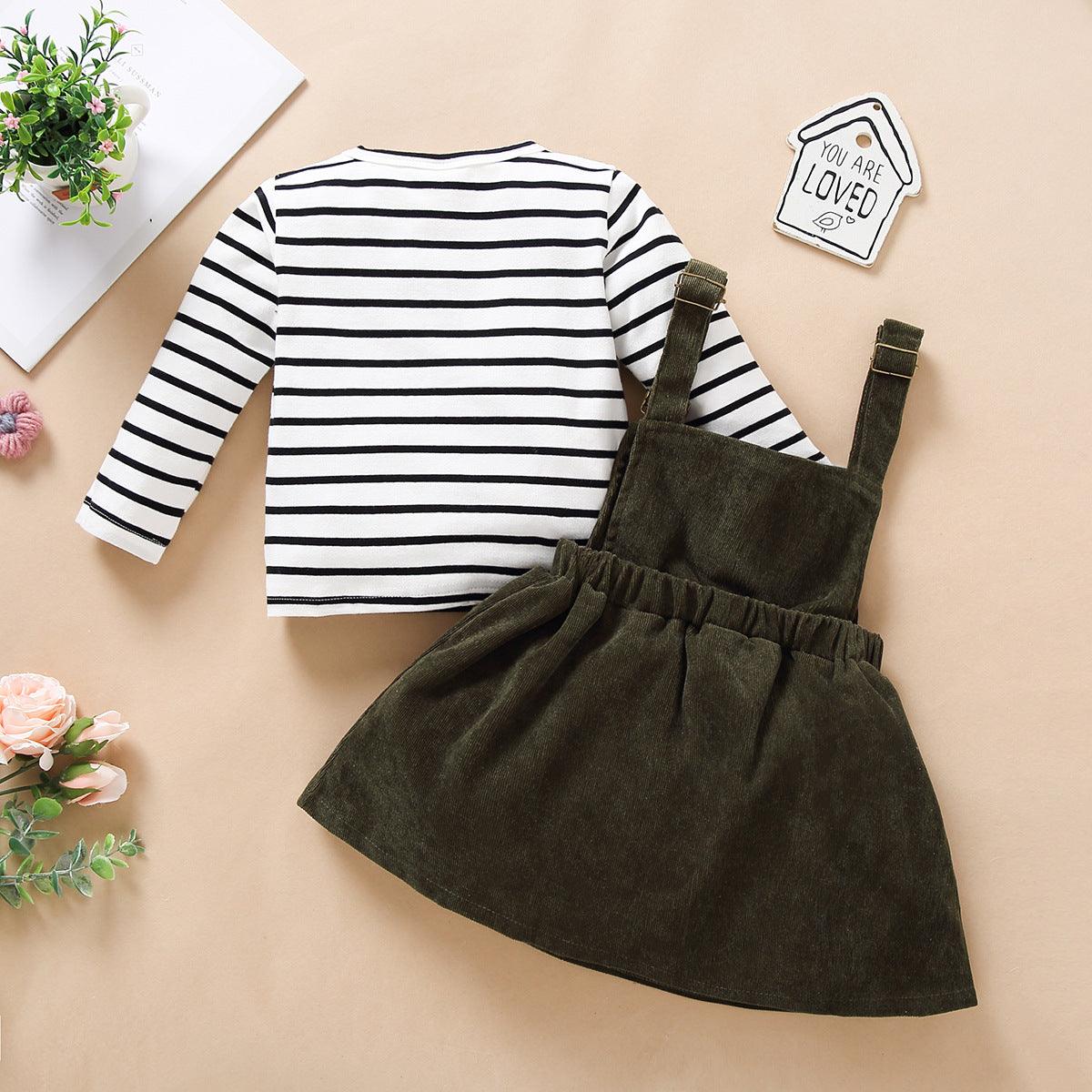 Autumn Winter Girls Stripe Long Sleeve Corduroy Strap Skirt Set - PrettyKid