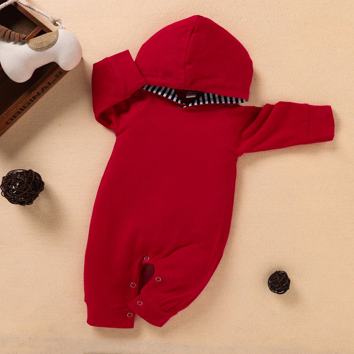 Toddler Spring and Autumn Red Hooded Jumpsuit Long Sleeve Crawling Suit - PrettyKid