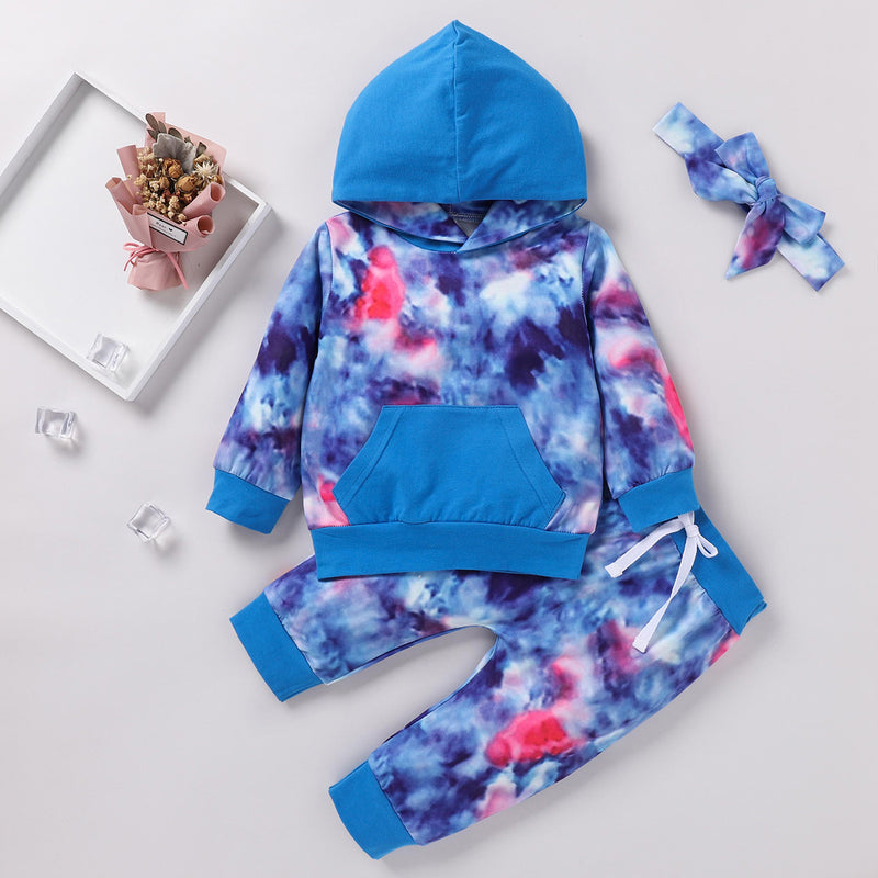 Toddler kids' tie-dyed long sleeve hooded sweater set 3-piece leisure suit - PrettyKid