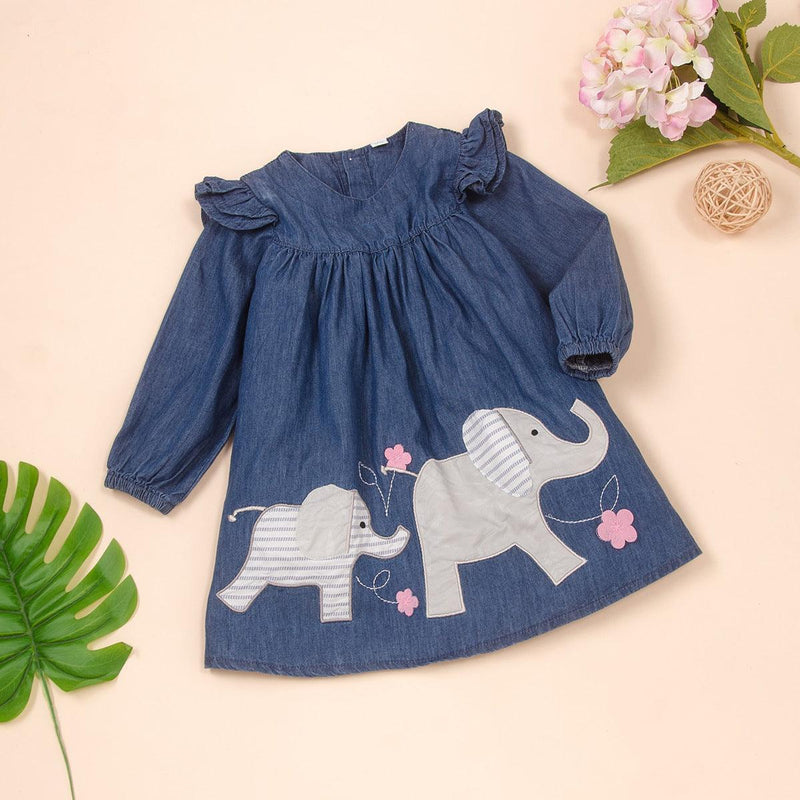 Toddler kids girls' long sleeve elephant print denim dress - PrettyKid