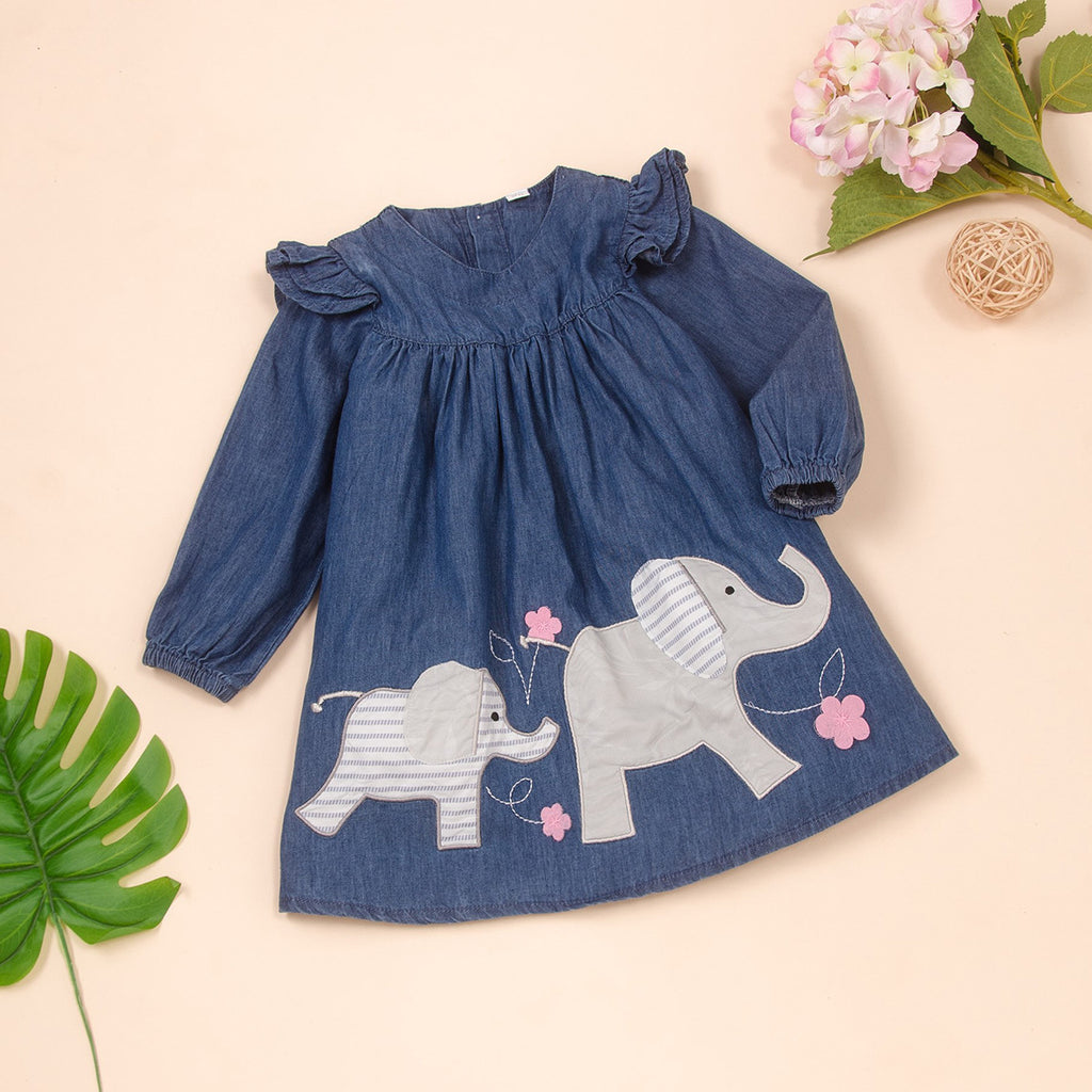 Toddler kids girls' long sleeve elephant print denim dress - PrettyKid