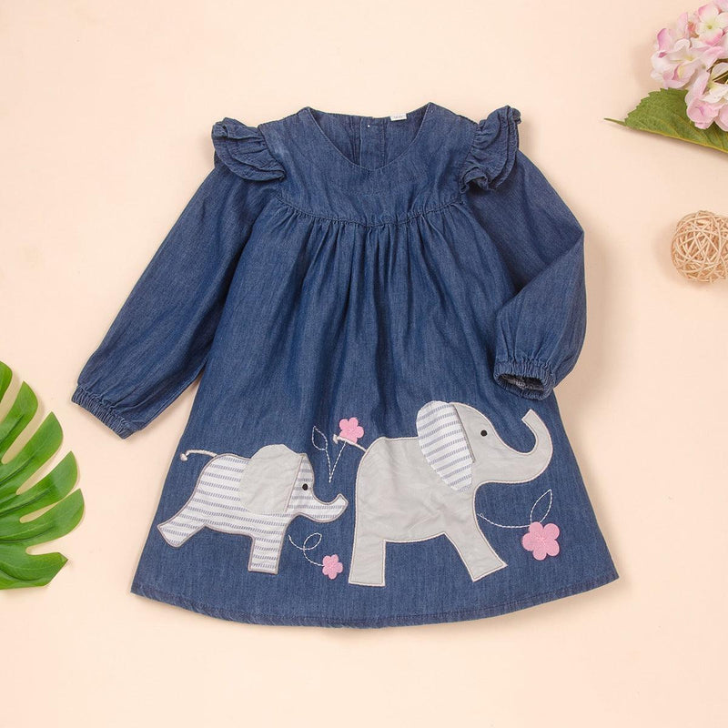 Toddler kids girls' long sleeve elephant print denim dress - PrettyKid