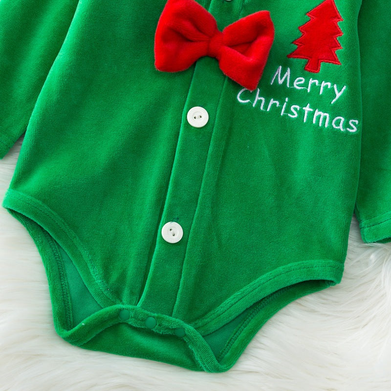 Baby Boys Solid Color Bow Tie Jumpsuit Christmas Print Set - PrettyKid