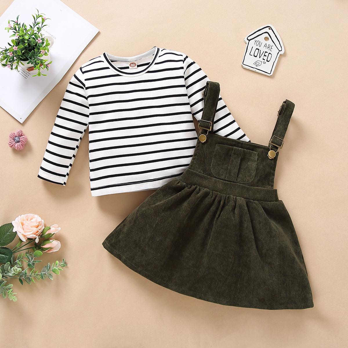 Autumn Winter Girls Stripe Long Sleeve Corduroy Strap Skirt Set - PrettyKid