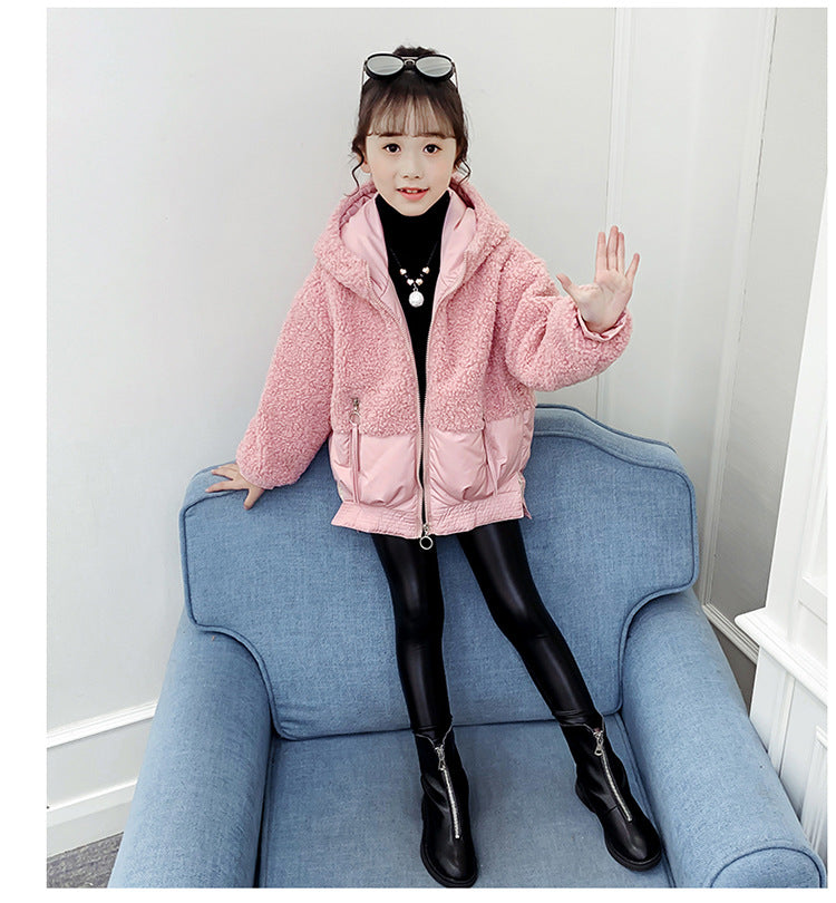 2022 Winter Girls' Solid Plush Hooded Upholstered Down Coat - PrettyKid