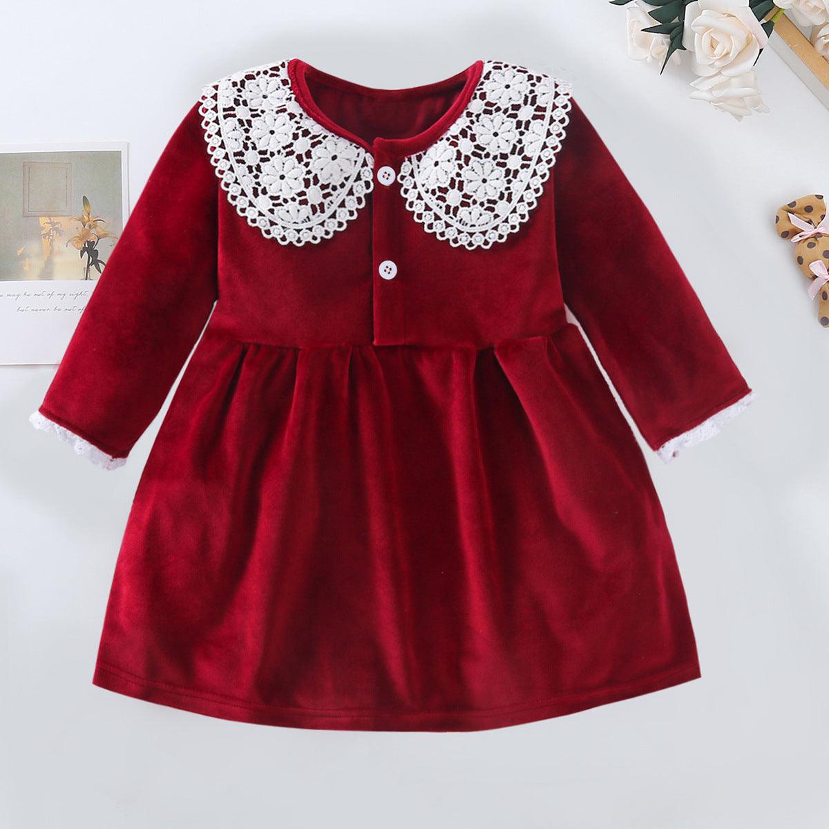 Toddler Girls Red Lace Neckline Sable Dress - PrettyKid