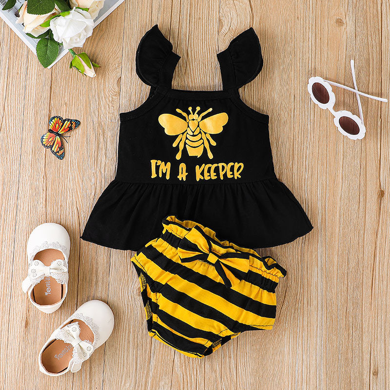 6-24M Baby Girl Set Clothes Letter Stripe Bee Print Suspender Wholesale Baby Clothes - PrettyKid