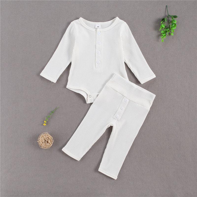 Baby Boys Girls Solid Color Knitted Children's Long Sleeved Loungewear Suit - PrettyKid