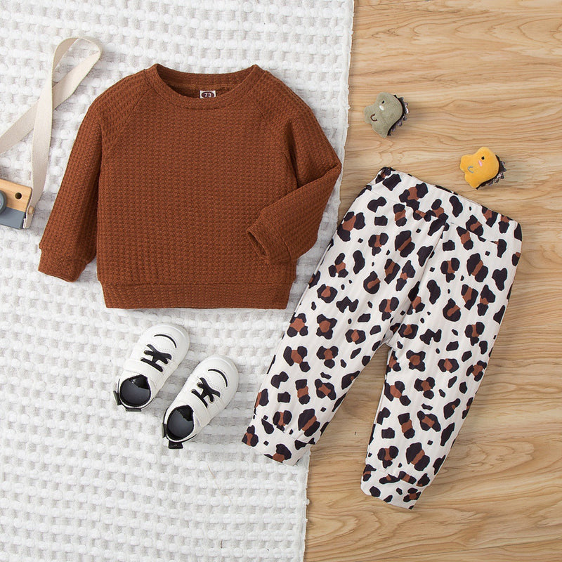 2 Pieces Set Baby Unisex Solid Color Tops And Leopard Pants - PrettyKid