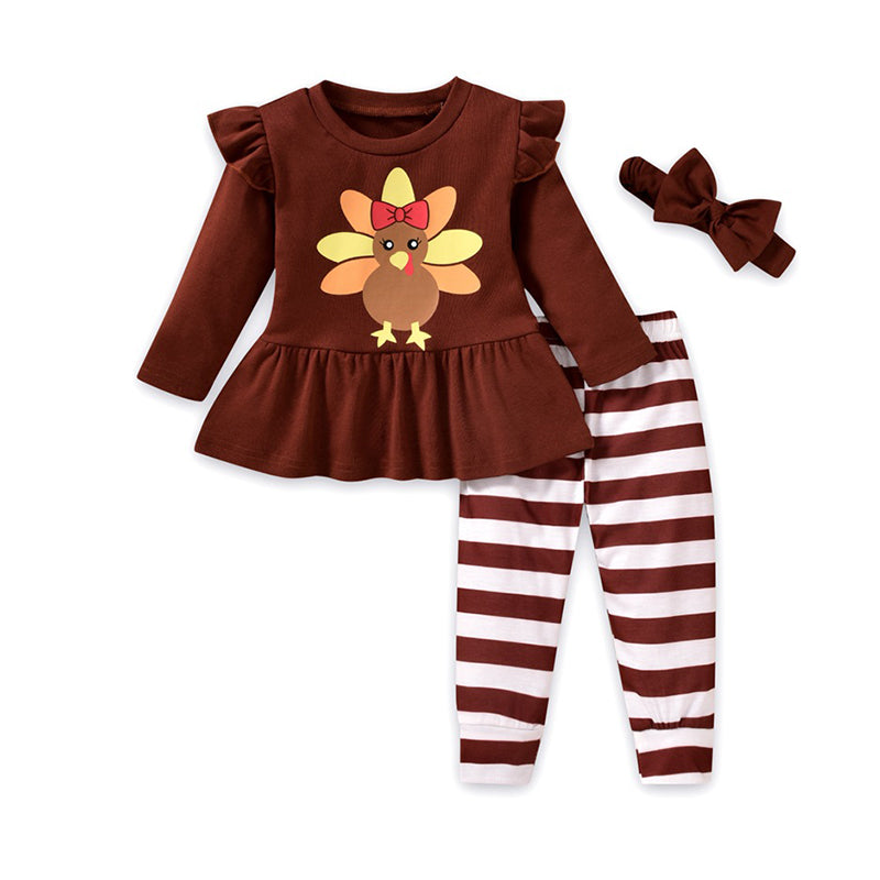 2 Pieces Set Baby Girls Thanksgiving Cartoon Tops And Striped Pants - PrettyKid