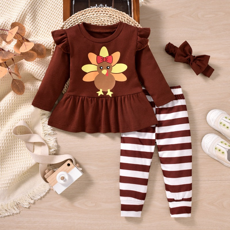 2 Pieces Set Baby Girls Thanksgiving Cartoon Tops And Striped Pants - PrettyKid