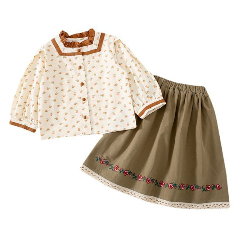 2 Pieces Set Baby Kid Girls Flower Print Tops And Skirts - PrettyKid