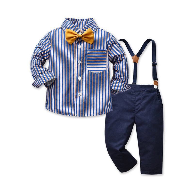 2 Pieces Set Baby Kid Boys Birthday Party Striped Bow Shirts And Solid Color Jumpsuits - PrettyKid