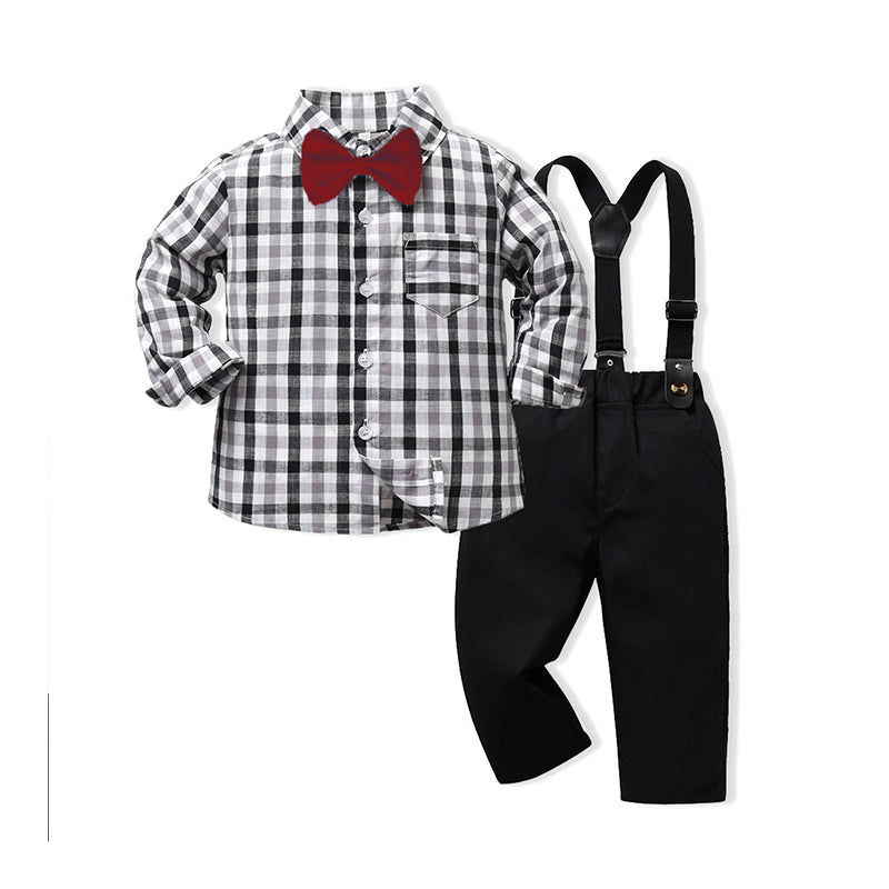 2 Pieces Set Baby Kid Boys Birthday Party Striped Bow Shirts And Solid Color Jumpsuits - PrettyKid