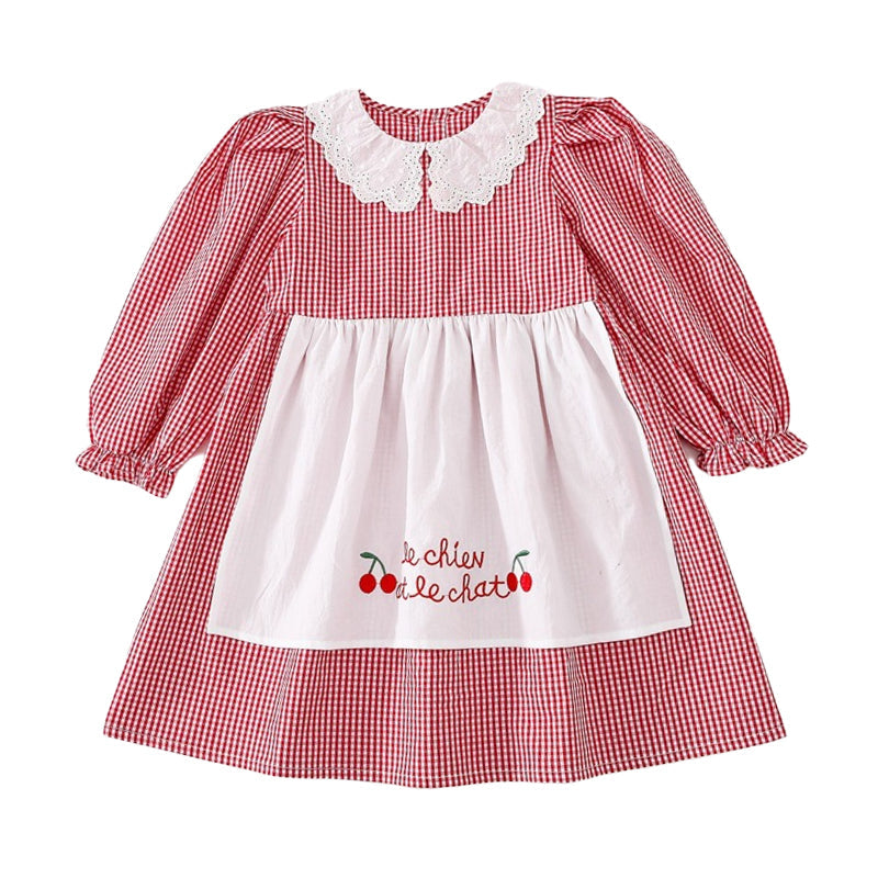 Baby Kid Girls Checked Lace Embroidered Princess Dresses - PrettyKid