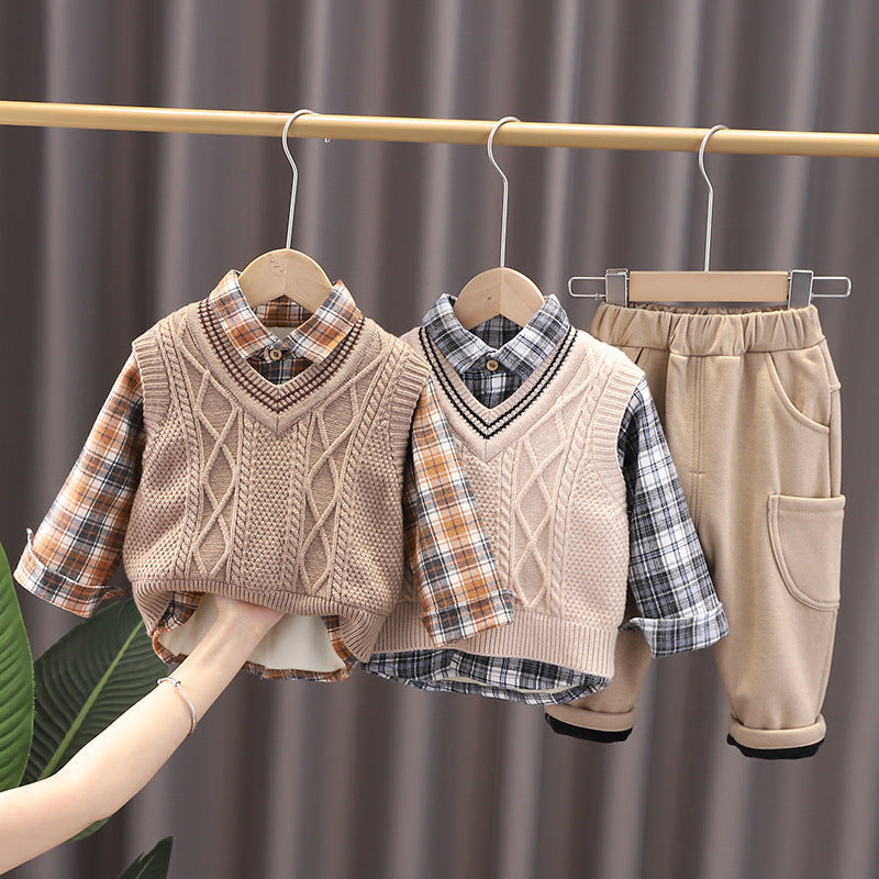 3 Pieces Set Baby Kid Boys Checked Shirts And Crochet Vests Waistcoats And Solid Color Pants - PrettyKid