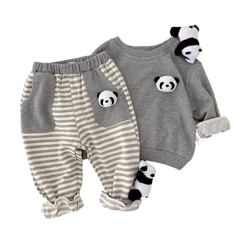 2 Pieces Set Baby Unisex Cartoon Print Hoodies Swearshirts And Striped And Color-blocking Pants - PrettyKid