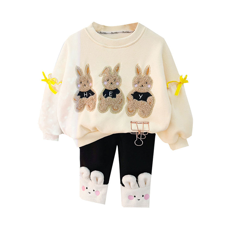 2 Pieces Set Baby Kid Girls Cartoon Bow Hoodies Swearshirts And Color-blocking Pants - PrettyKid