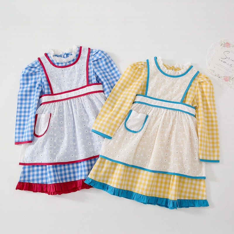2 Pieces Set Baby Kid Girls Checked Lace Dresses And Embroidered Others accessories - PrettyKid