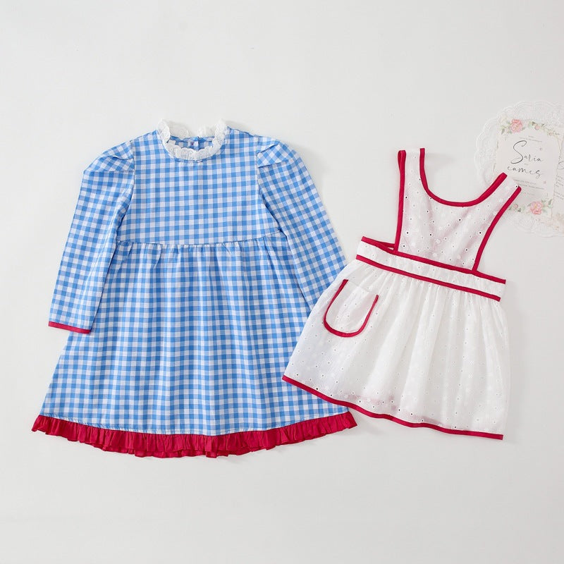 2 Pieces Set Baby Kid Girls Checked Lace Dresses And Embroidered Others accessories - PrettyKid