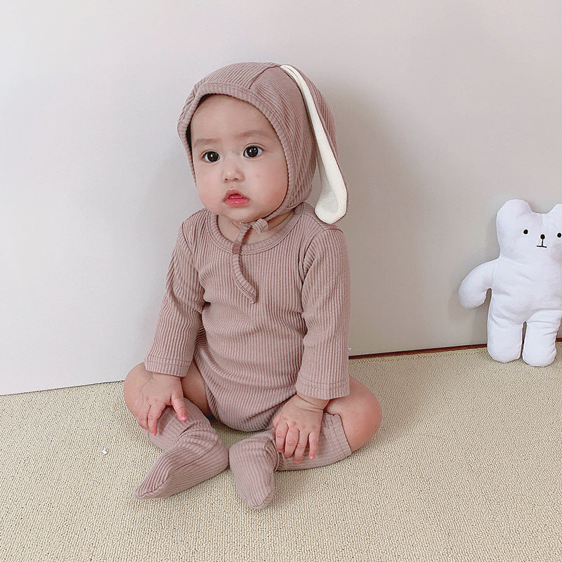 Baby Boys Girls Solid Color Cute Rabbit Ears Long Sleeved Jumpsuit Hat Socks Set - PrettyKid