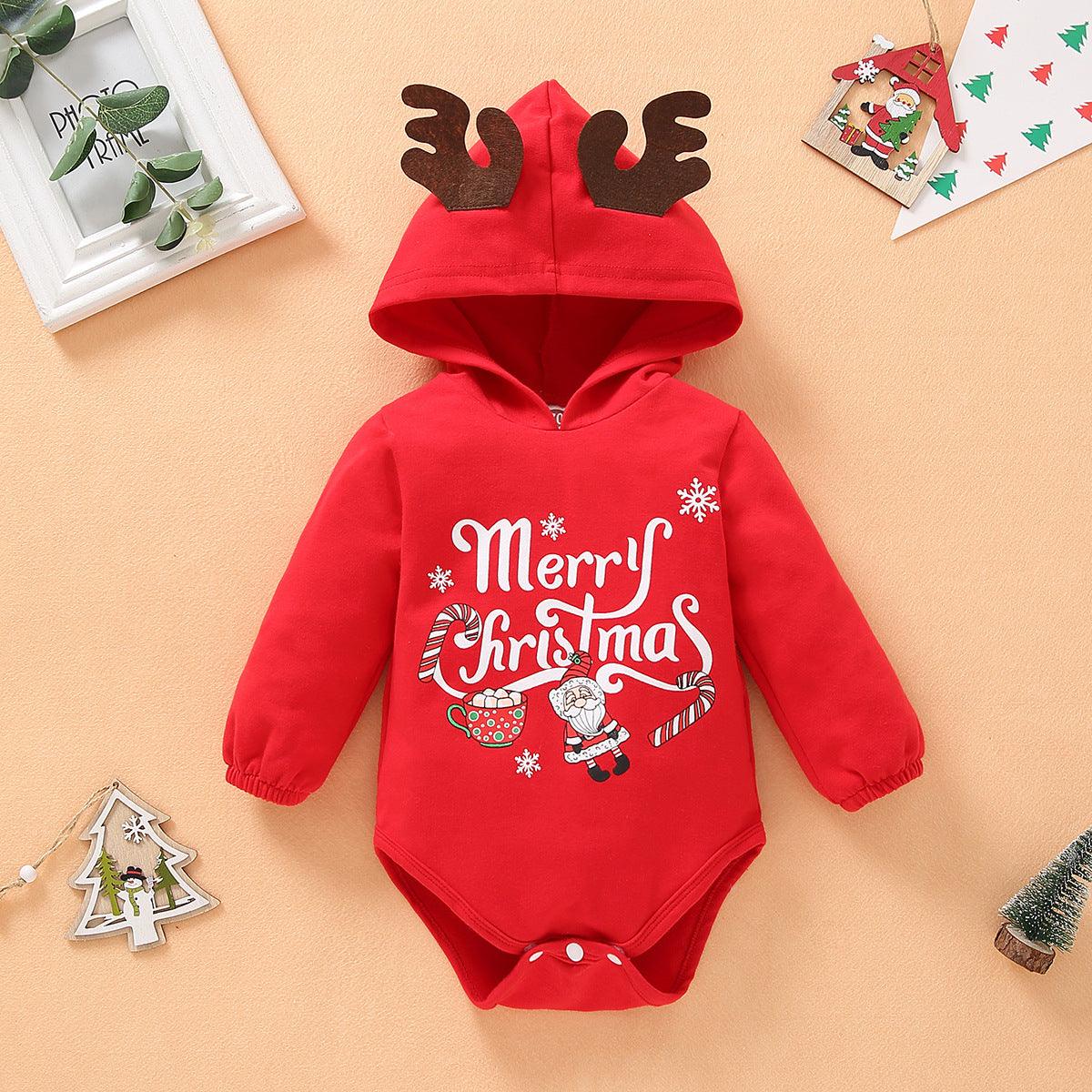 Baby Boys Girls Christmas Letter Printed Long Sleeve Antler Hoodie Jumpsuit - PrettyKid