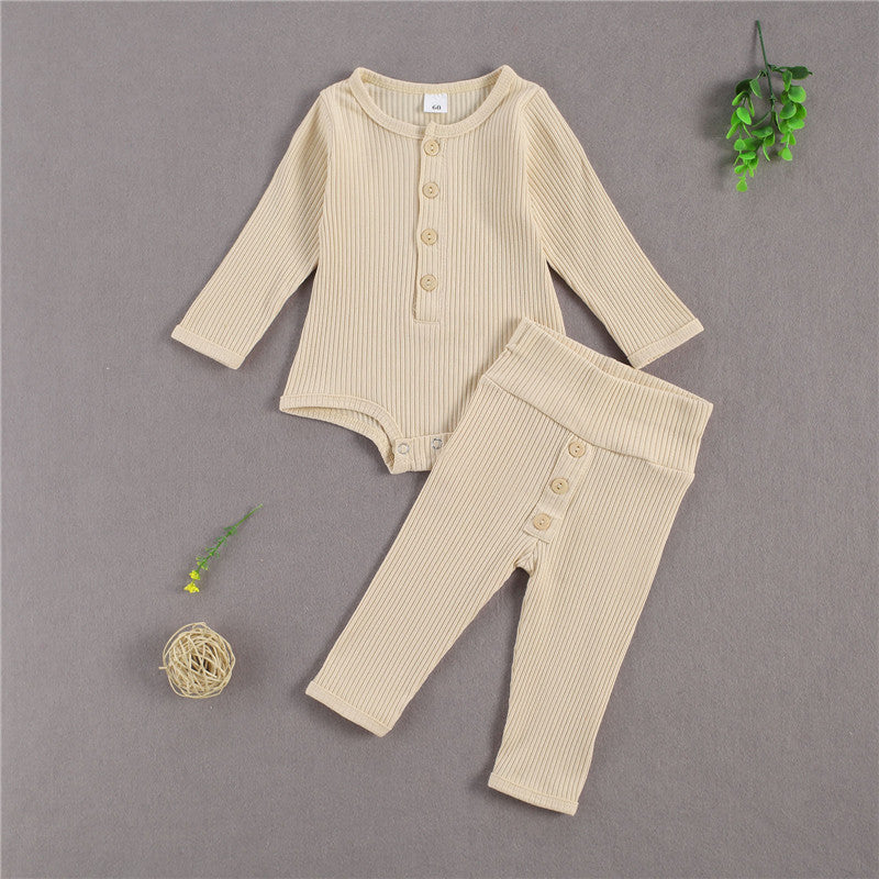 Baby Boys Girls Solid Color Knitted Children's Long Sleeved Loungewear Suit - PrettyKid