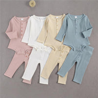 Baby Boys Girls Solid Color Knitted Children's Long Sleeved Loungewear Suit - PrettyKid