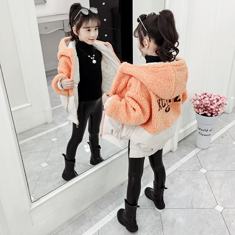 2022 Winter Girls' Solid Plush Hooded Upholstered Down Coat - PrettyKid