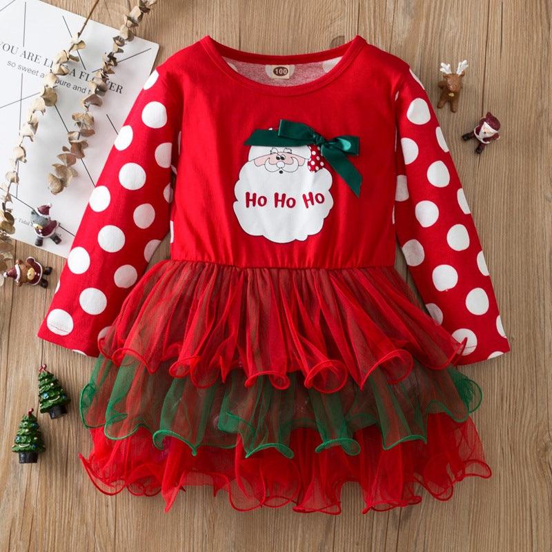 Toddler Kids Girls Christmas Printed Polka Dot Mesh Dress - PrettyKid