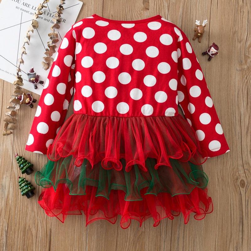 Toddler Kids Girls Christmas Printed Polka Dot Mesh Dress - PrettyKid