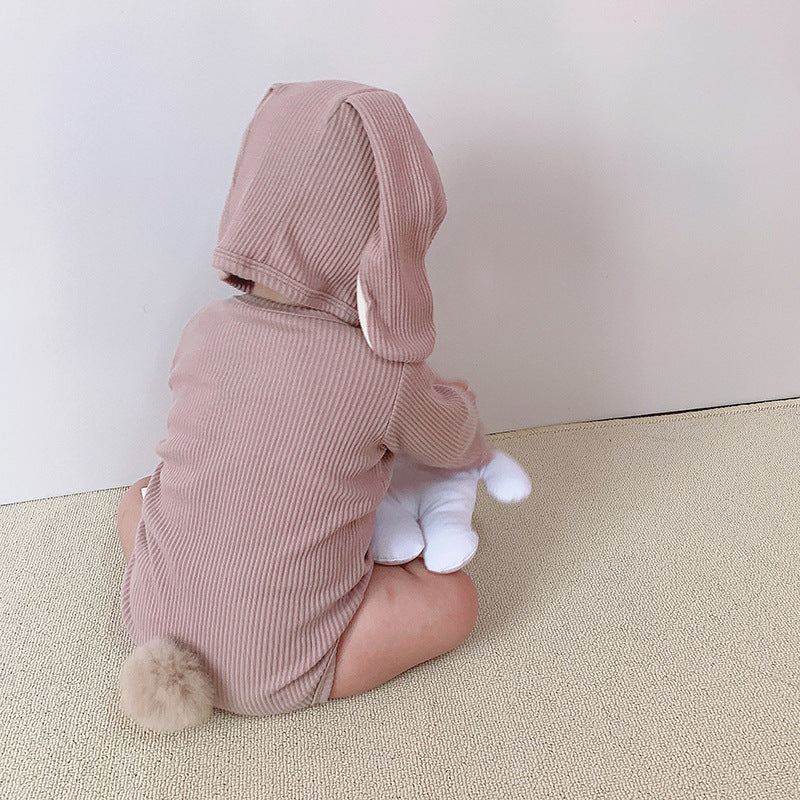 Baby Boys Girls Solid Color Cute Rabbit Ears Long Sleeved Jumpsuit Hat Socks Set - PrettyKid