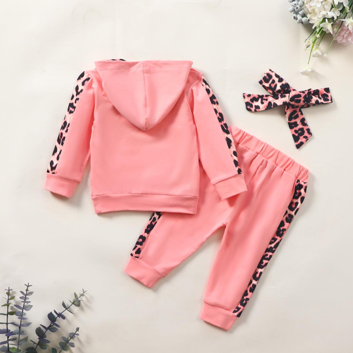 Toddler Girls Solid Color Leopard Stitching Mini Letter Print Hooded Sweatshirt Sports Suit - PrettyKid