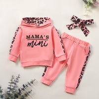 Toddler Girls Solid Color Leopard Stitching Mini Letter Print Hooded Sweatshirt Sports Suit - PrettyKid