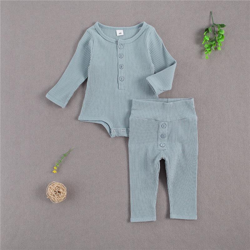 Baby Boys Girls Solid Color Knitted Children's Long Sleeved Loungewear Suit - PrettyKid