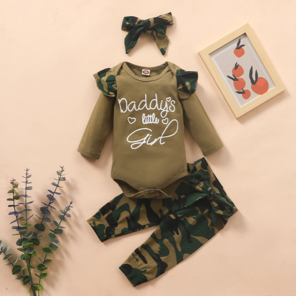New Infants Children letter printing khaki camouflage trousers headdress Three-piece set. - PrettyKid